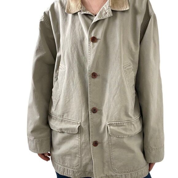 Mens LL Bean Tan Camel Cotton Hunting Fish Pattern Lined Chore Jacket Sz XL - Picture 3 of 7